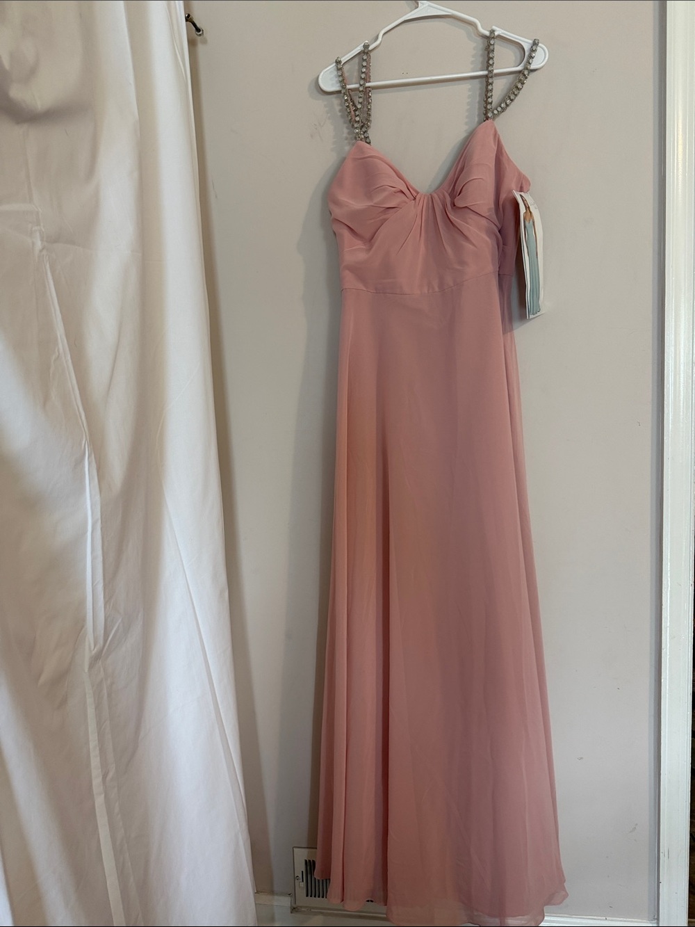 Blush Pink Chiffon Evening Gown with Chain Straps